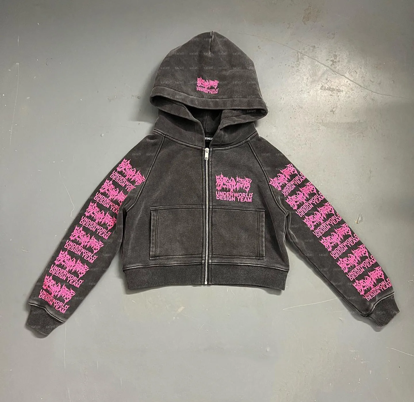 Customized Zipper Heavy Cotton Thick French Terry Print No String Zip up Acid Distressed Vintage Wash Women Cropped Hoodie Woman gallery 7