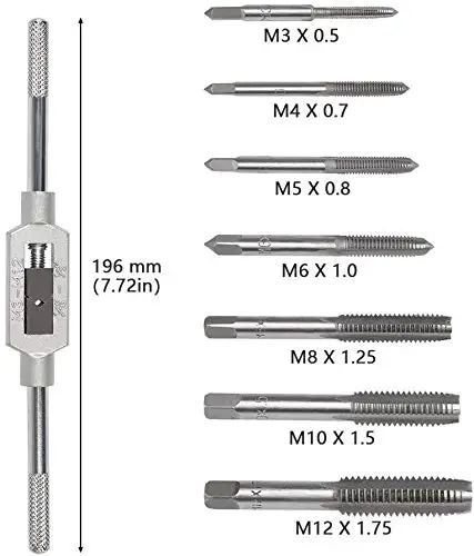 QST 8pcs 3F Thread Metric Machine Hand Screw Thread Plug Taps Set M3 M4 M5 M6 M8 M10 M12with Adjustable Tap Wrench 1/16-1/2 
