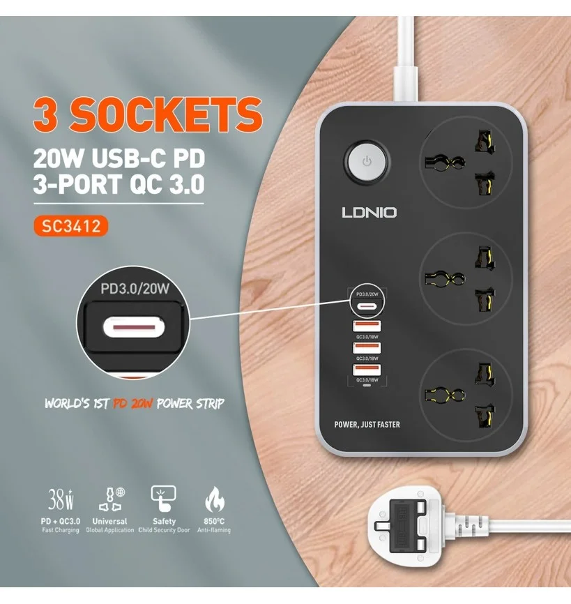 Ldnio SC3412 US UK EU удлинитель мощности Pd Быстрая зарядка свинцовый Выход 20 Вт QC3.0 Usb защита от перенапряжения розетка