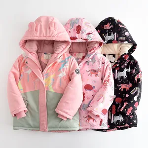 Customized Winter Children's Cartoon Printed Velvet Cotton Windproof Waterproof Jacket Hood Zipper Closure Clothes for Kids