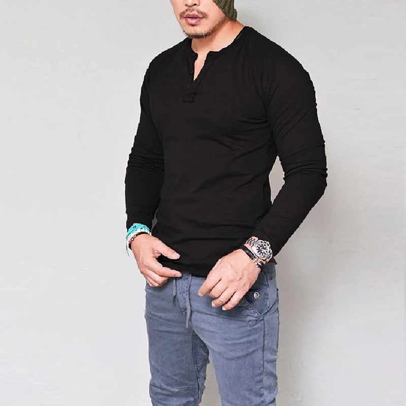 Custom Design Herbst Winter Rundhals Einfarbig Taste Lange-Ärmeln T-shirt Männer Sportswear Volle Hülse T shirt402_voghion.com