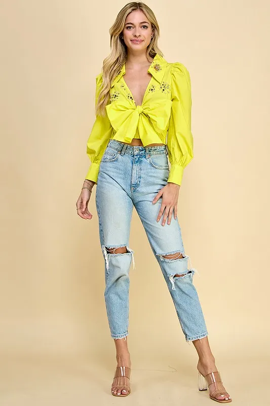 Cropped Top With Rhinestones Elastic Waistband Puffed Sleeves Self-tie Front Sexy Summer Party Style With Woven Weave - Image 2