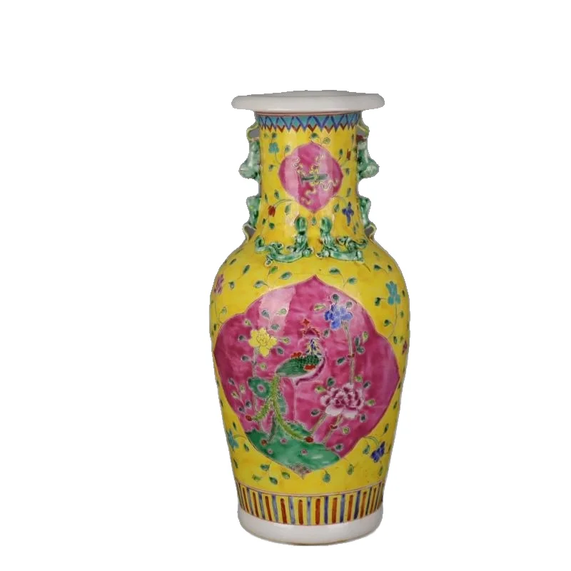 中国 清時代　在銘手描き花瓶 美術品　激安骨董品 DE1002B14-4 清王朝アンティーク中国セラミック花瓶手描きのファミルローズ