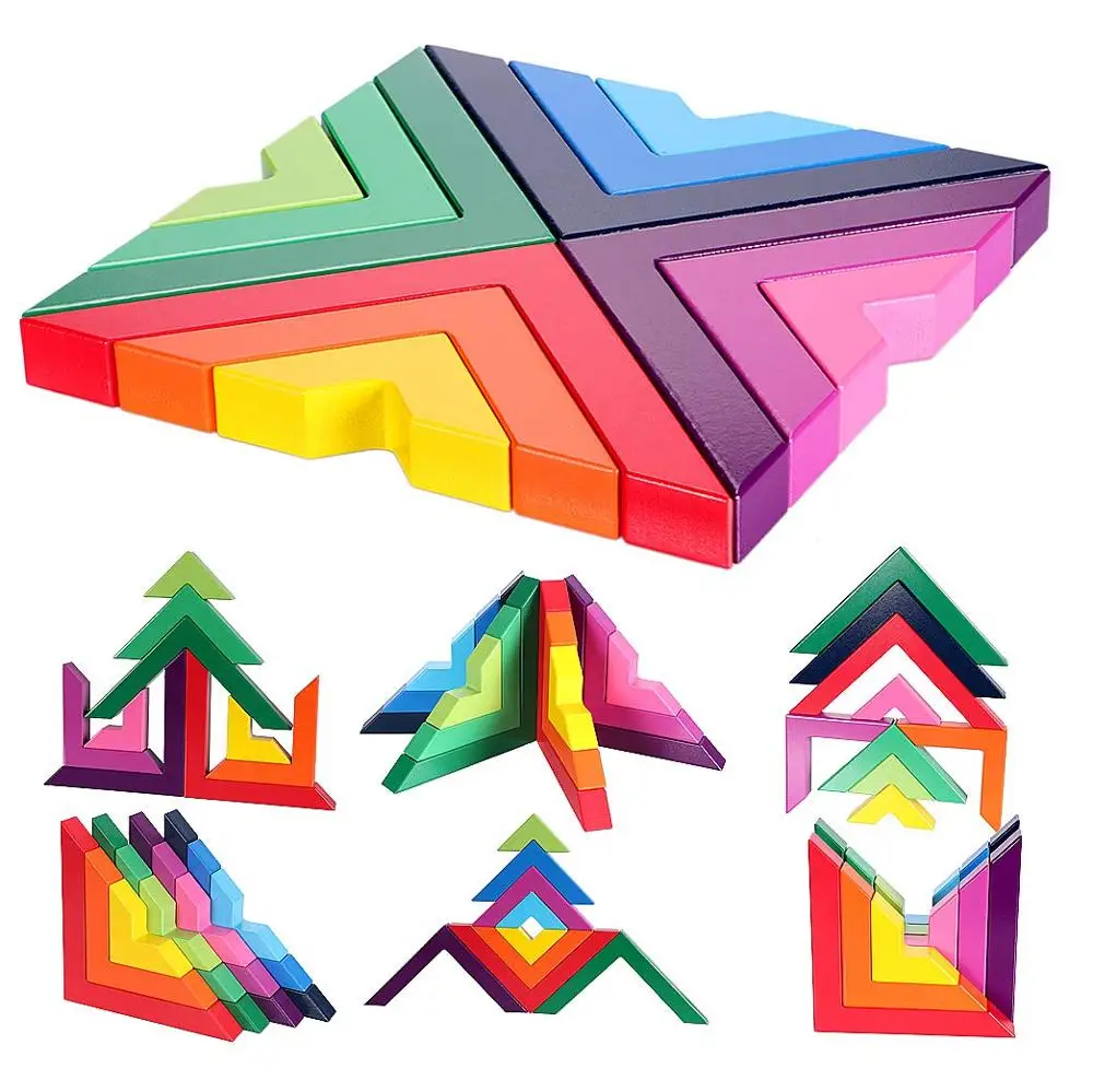 Wooden Rainbow Stacking Game Stacker Geometry Building Blocks Creative Nesting Educational Toys Kids