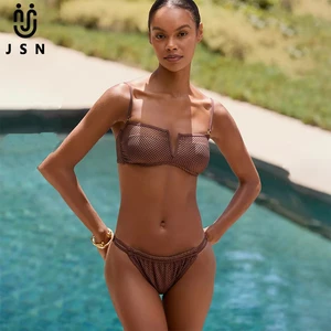 JSN 2026 Customized New Style Mesh Bikini V-Neck Sexy Strapless Swimsuit Solid Bikini Two-Piece Low Waist Thongs Bikini for Lady