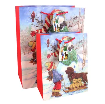 China factory Oem Acceptable Red Xmas Tree Decorative Storage Bag Christmas Glitters Party paper Gift Bags With Red Ribbon