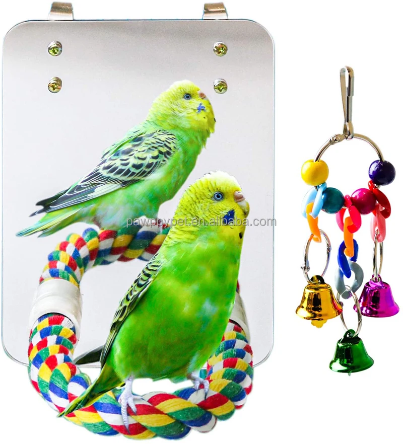 Originalidad Large Stainless Steel Bird Mirror with Rope Perch Bird Swing Toys Paw Grinding Parrot Cage Perch Stand for Small and Medium Parakeet Cockatiel Conure Finch Canaries 