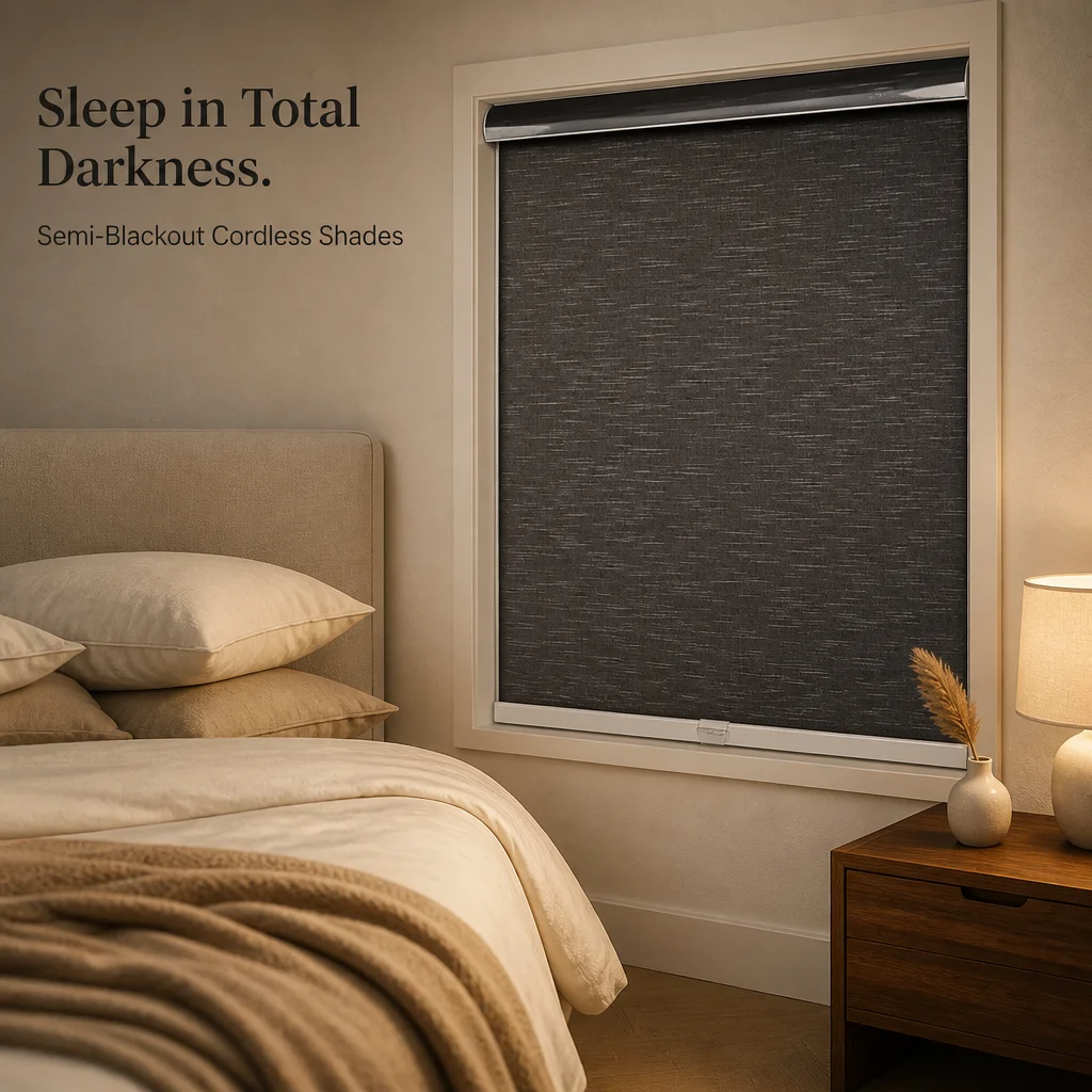 Full Blackout Simple Motorized Eco-Friendly Anti-UV Polyester Roller Shades Cordless Spring System Silver Arc Headrail Bedroom