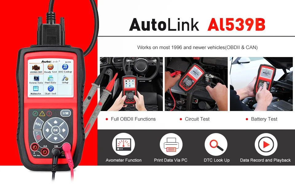 Autel AutoLink AL539B OBD2 Scanner Automotive Electrical Tester ODB2 Code Reader OBD 2 Diagnostic Tool for Battery test PK Al519