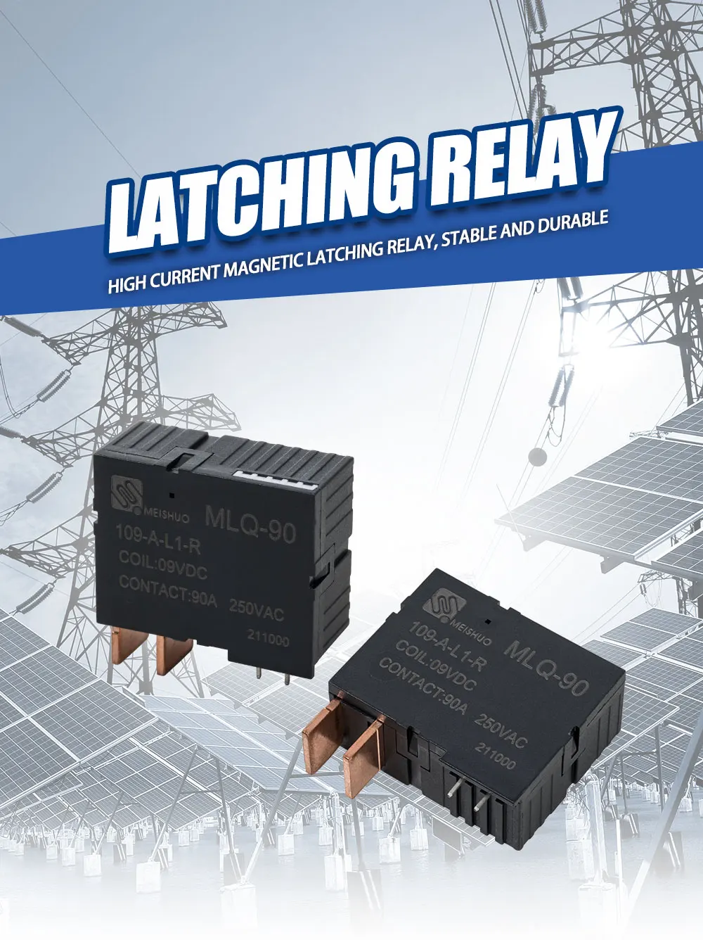 Meishuo MLQ-90-109-A-L1-R Normally Open QC Single Coil 9volt Bistable Relay 90A/250vac Magnetic Latching Relay