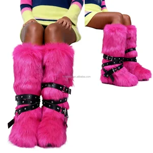 BUSY GIRL HS9282 Fur Boots Women Custom logo Labels for Women Boots Fuchsia High Knee-High Furry Boots Punk Style Rivets Warm