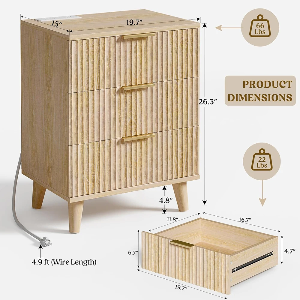 product nu deco wood 3 drawers dresser fluted night stand charging station storage modern side table bedside table bedroom entryway-5