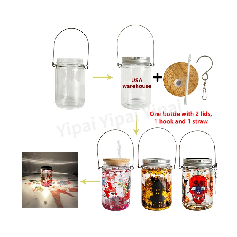 11oz Snow Globe Sublimation Clear Glass Solar Mason Jar Tumbler