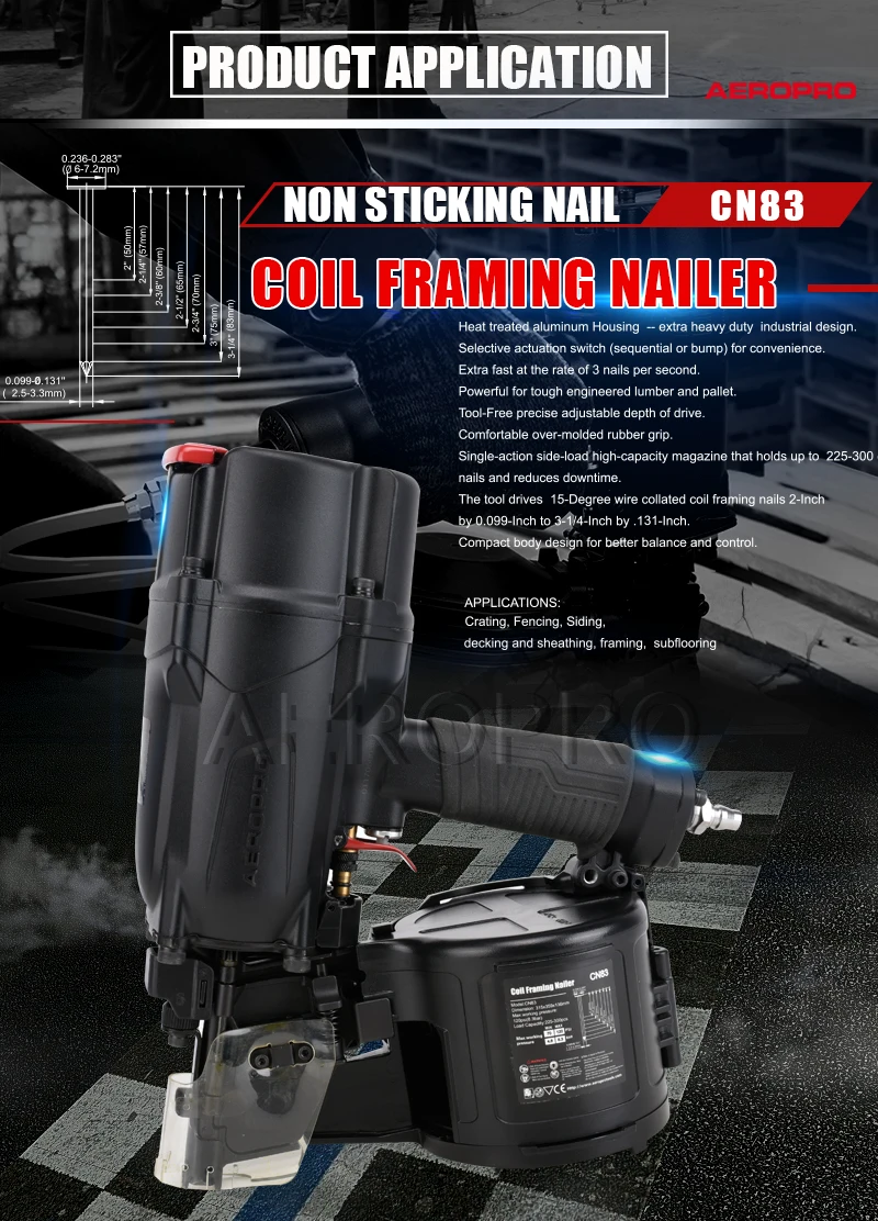 Pneumatic Nailer Framing Nailer Gun Aeropro Cn83 Air Coil Nail Gun 31/2inches Framing Coil