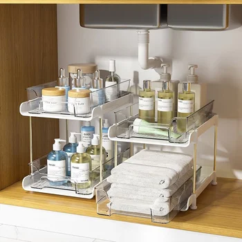 2 Tier Slide Pull out Organizer Shelf Bathroom Cabinet Organizer Salver Storage Transparent Storage with Movable Dividers