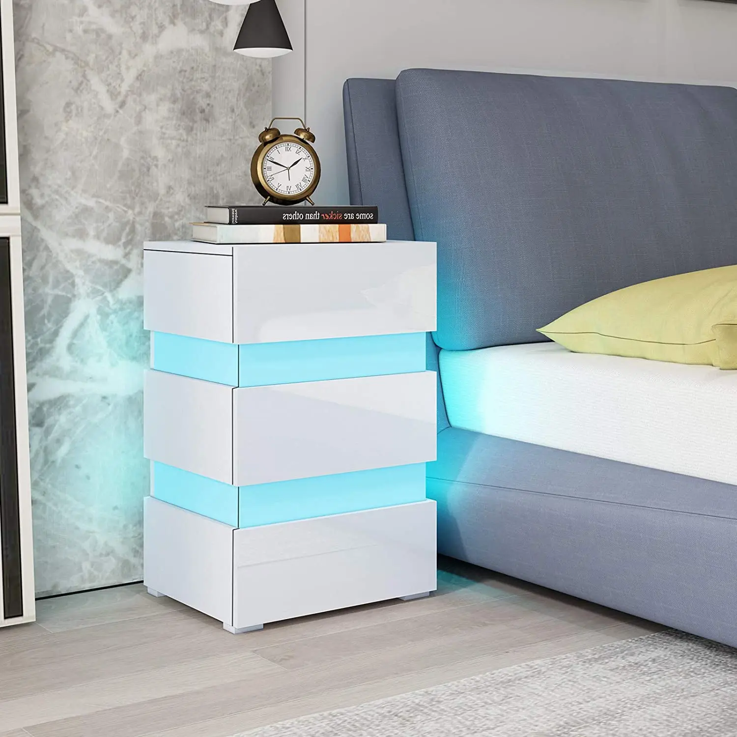 Cabinet Bedroom Bedside Locker W/ Drawer Nightstand High-Gloss LED Bedside Table 
