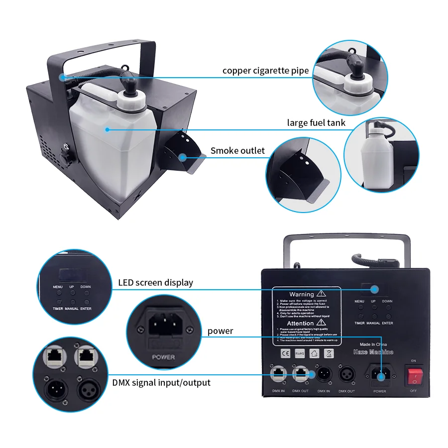 1000W rookmachine op waterbasis voor podiumeffecten, geschikt voor dj's, disco's, shows, evenementen, feesten, bruiloften en DMX-rookapparatuur met afstandsbediening._voghion.com