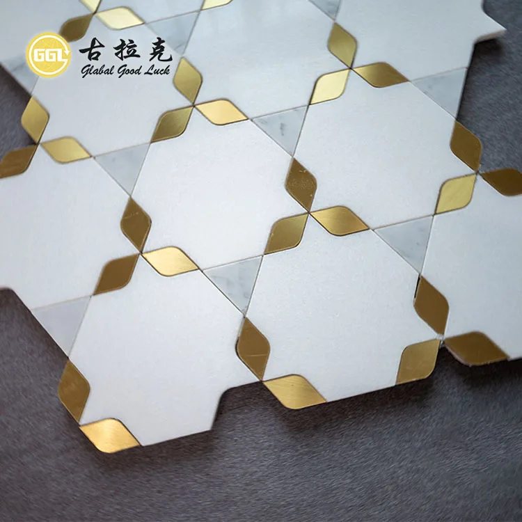 Wall or Floor White Thassos Marble Mosaic Tile Bathroom Waterjet Stone Mosaic Brass Collection supplier