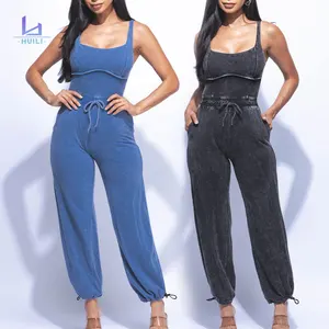 Huili Manufacturer 2025 High Quality Cotton Acid Washed Strappy top & jogger two piece Custom logo Loungewear Women's Summer Set