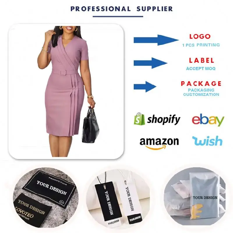 D504 Latest Design Summer Ladies Office Dresses Short Sleeve V-neck Waist  Wrap Pencil Career Dresses Women Casual Africa Dress - Main Image