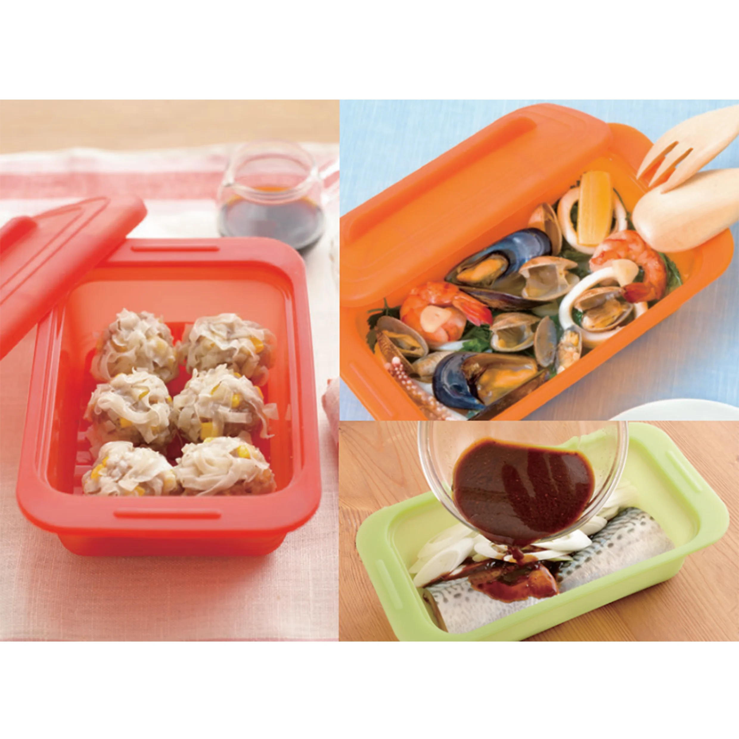 Silicone Steaming Cooking Box with Integrated Drain Tray and Lid for Healthy Steamers