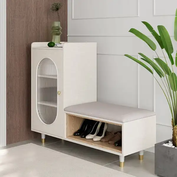 Upholstered Modern Shoe Storage Cabinet with Door White Entryway Storage Bench Cabinet