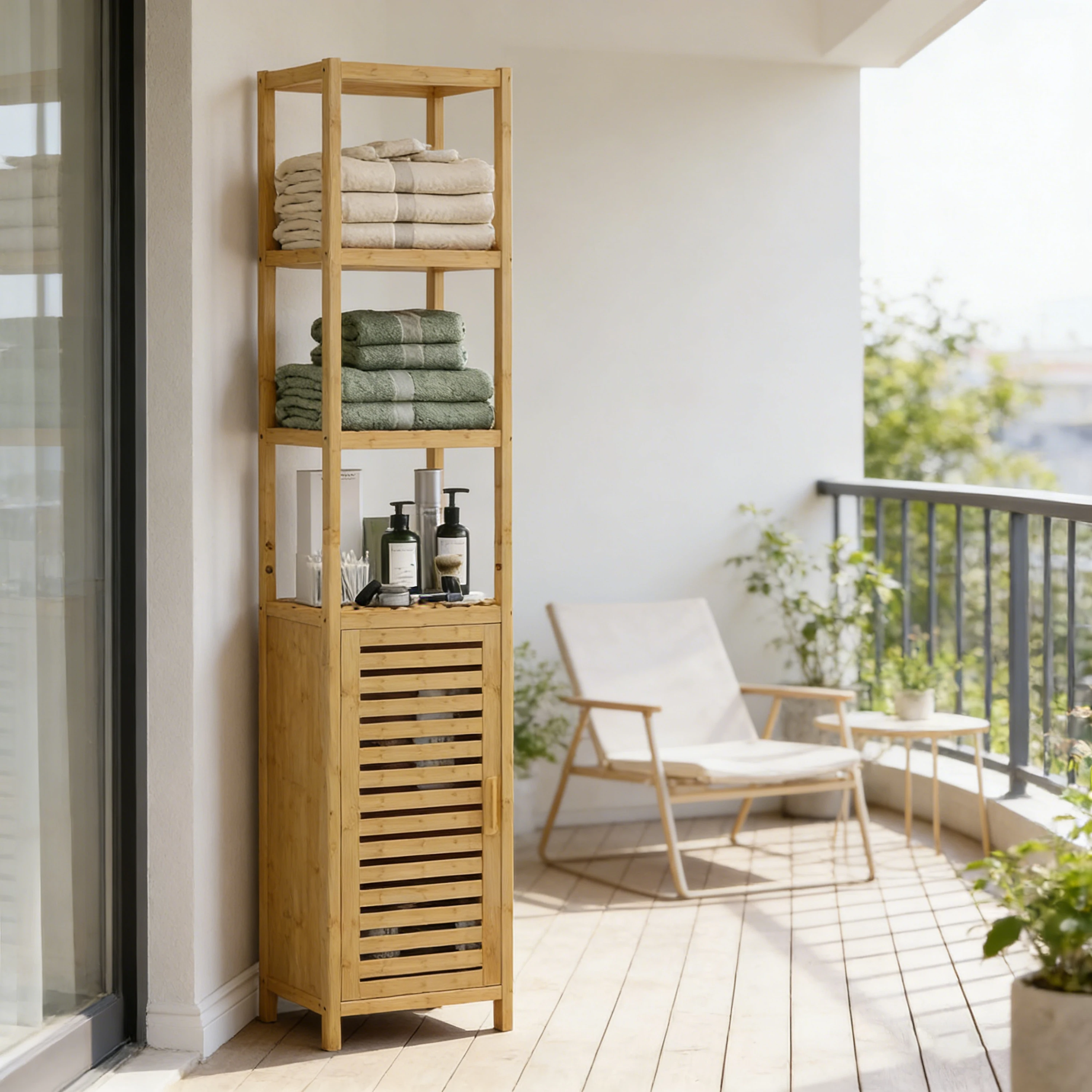 product bamboo tall bathroom storage cabinet freestanding linen tower with shutter door shelves organizer for towels-3