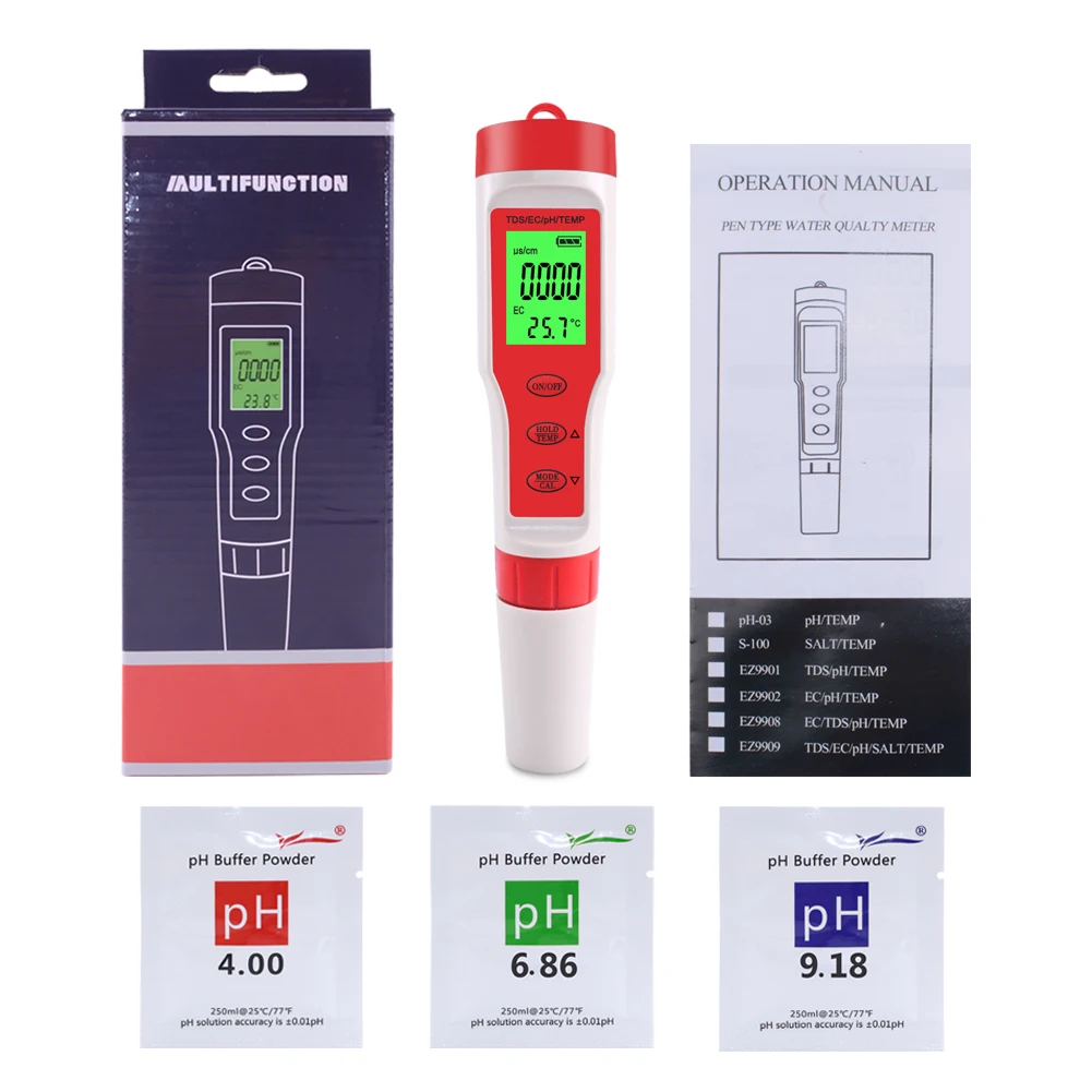 Máy Đo Độ Dẫn Điện PH/TDS/EC/TEMP, 50 Miếng, 4 Trong 1, Có Đèn Nền
