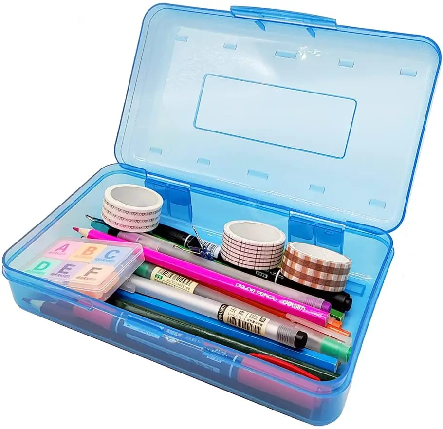Multiple Color Large Capacity Plastic Pencil Box Blue 1PC Transparency Stackable with Snap-Tight Lid 