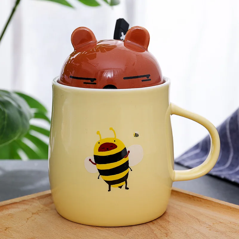 450ML Bee Cartoon Glass Spoon Milk Cup Ceramic Honey Mug With Cover  Creative Tea Cup Bee