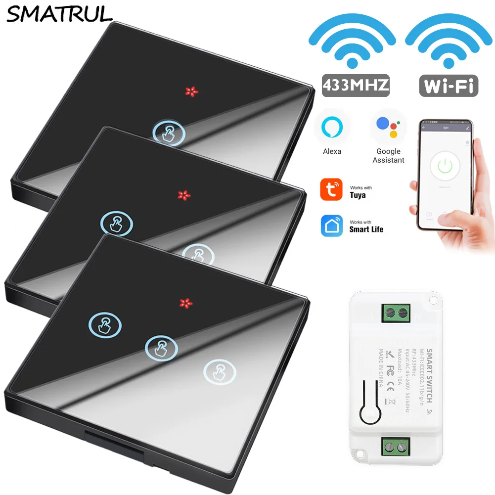 Tuya Smart APP WiFi Touch Wand Schalter Licht Drahtlose RF 433Mhz DIY  Relais Timer Modul Google Home Alexa 110V 220V Auf