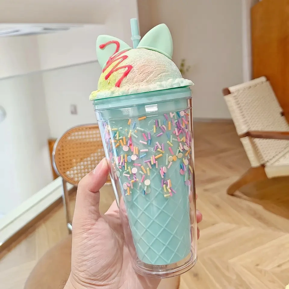Cute Drinking Cup Creative Straw Interesting Children and Girls Summer Ice  Cream Transparent Double Layer Plastic Gift Bottle