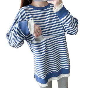 Striped Maternity Nursing Hoodie Spring and Fall Clothing Comfortable Lactation Top for Pregnant Women