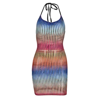 Women Summer Sleeveless Halter Striped Printed See Through Party Mini Dress Sundress Female Streetwear