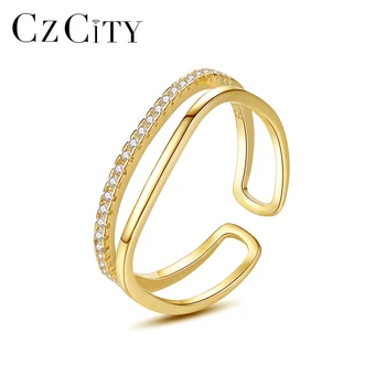 CZCITY 925 Sterling Silver Double Band Rings 14K Gold Trendy Special Womens Cubic Zirconia Ring