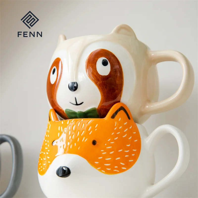 product fenn cute coffee mug cartoon cute fox cat cow novelty water cup hand painted ceramic novelty mugs wholesale ceramic mug custom-60