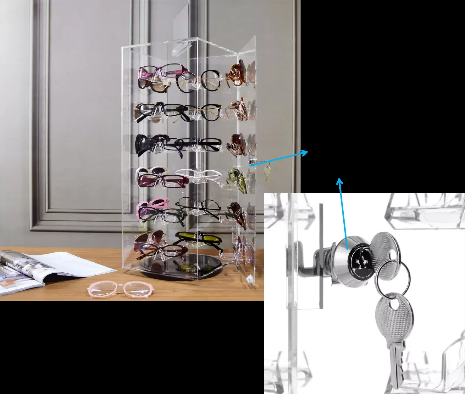 Acrylic Custom Sunglasses Display Stand Acrylic Lockable Rotating