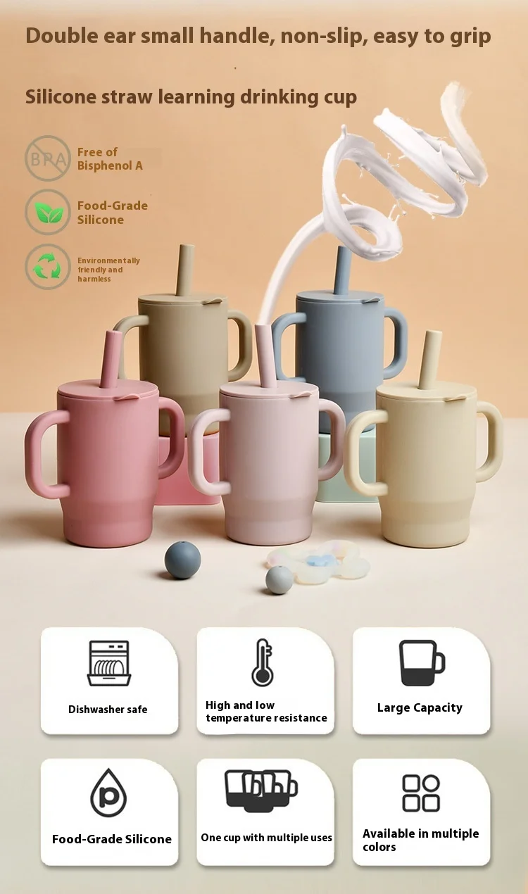 American Style Anti-Scalding Silicone Straw Cup Double-Ear Drop-Resistant High-Temperature-Resistant Snack Cup for Baby Learning factory