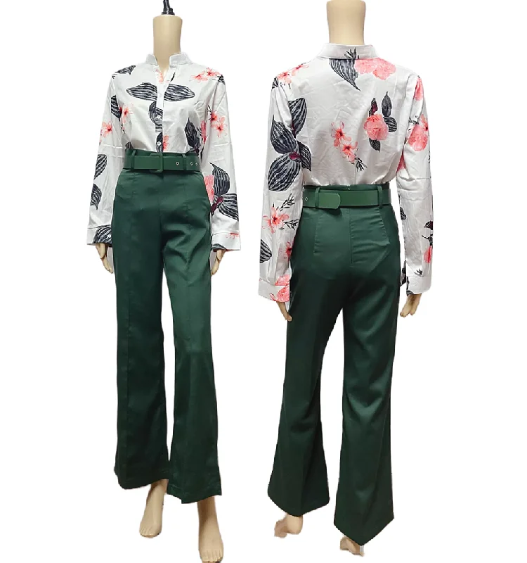 C7028 Latest Design Elegant Classic Two Piece Pants Set Women Long Sleeve Ladies Shirt and Pants Suit