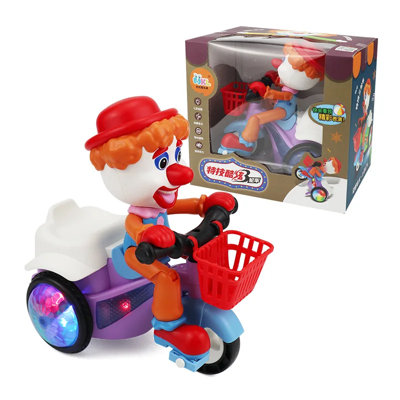 New electric universal light music clown bike motorcycle tricycle kids toy mini three wheel stunt car