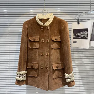 Wholesale Winter 2026 New Fashion Elegance Temperament Heavy Industry Pearl Sleeve Lace Collar Polished Plush Women's Jacket
