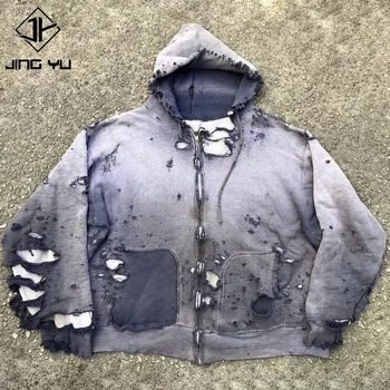 Vintage Washed Zipper Distressed Hoodies main image 0