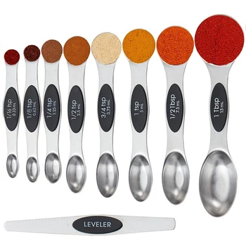 2023 Hot Selling 9 Pcs Stainless Steel Double End Magnetic Measuring Spoons Set with Leveler for Dry and Liquid Ingredients