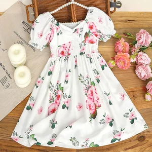 Hot SellSummer Casual Princess Boutique Girls Floral Print Short Regular Sleeve Beach Silhouette Knee-Length Kids Dresses