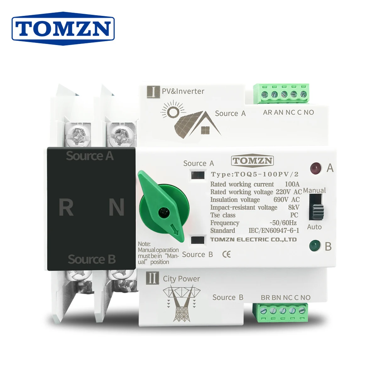 TOMZN Single Phase Din Rail ATS for PV Inverter Dual Power Automatic Transfer Selector Switches Uninterrupted 2P 63A 100A 125A