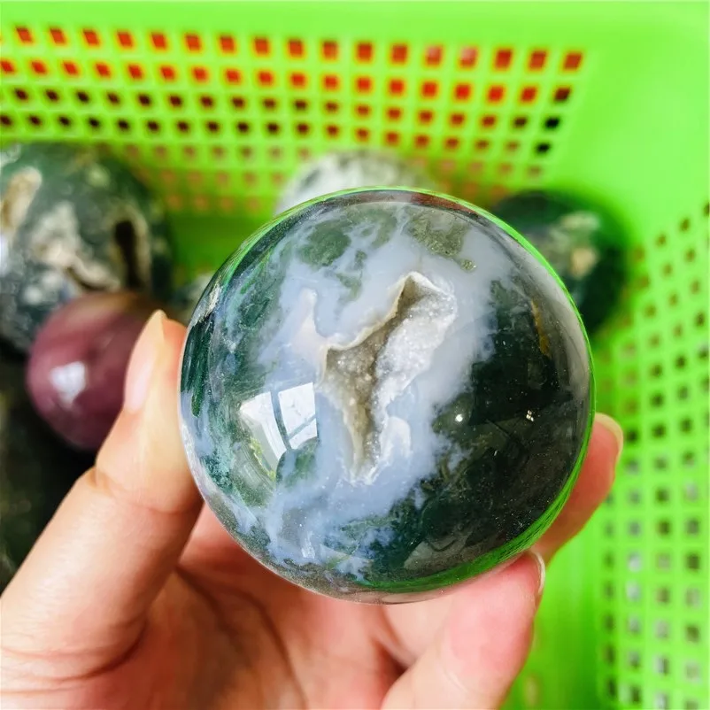High Quality Natural Green Moss Agate Crystal Sphere With Druzy Geode for Healing