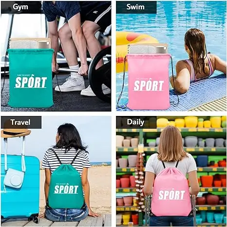 Large Capacity Reusable Drawstring Backpack with Custom Logo Heavy Duty Gym Sports Travel Bag for Swimming Beach Use details