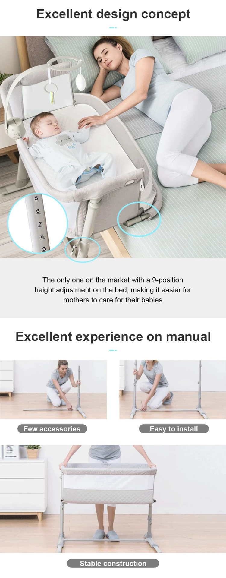 manufacturer best selling baby bed, can be stand on parents' bed baby crib wholesale sleeper for baby in bed