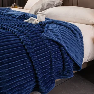 Luxury Knitted Bed Throw Wholesale Fluffy Fuzzy Flannel 100% Polyester Striped Faux Blanket for Home