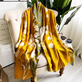 New fancy 2022 wholesale Senegal Long Large Summer Silk Scarf Head Wraps Flower Yellow Pattern Vintage Scarf Silk Hijabs Women